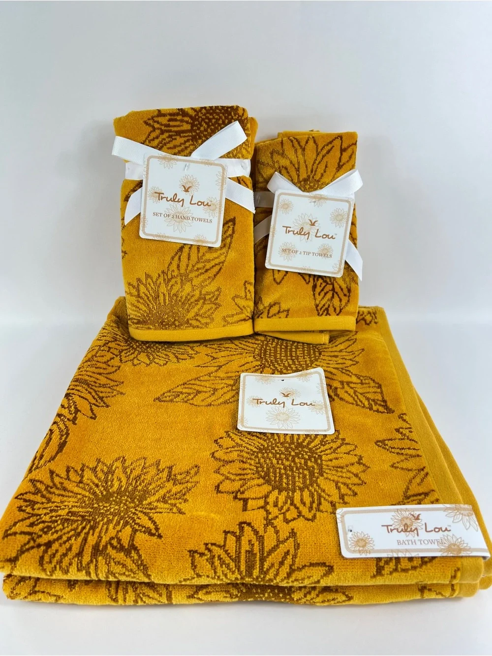 Truly Lou Bath Towel Set FALL Sunflowers Gold Brown Velour Cotton Blend 6 Pc NEW